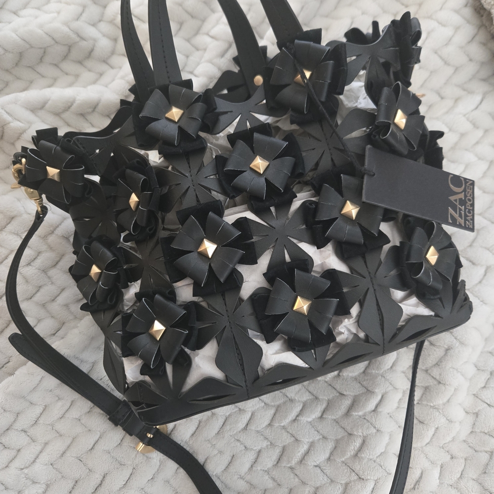 ZAC Zac Posen Black Floral Cutout Tote with Gold Stud Accents